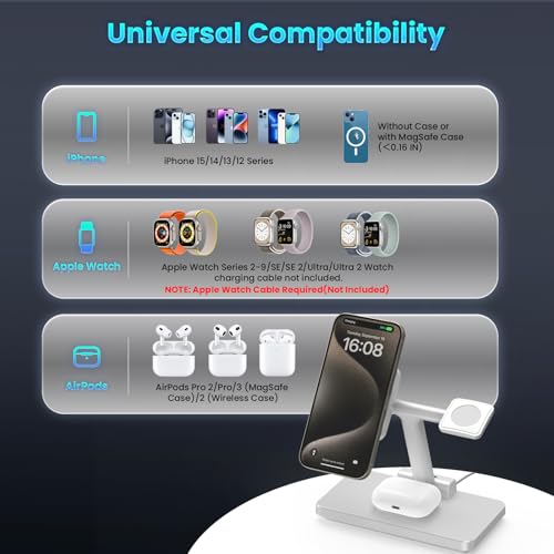 Magnetic 3 in 1 Wireless Station Foldable: JoyGeek MagSafe Charging Stand for iPhone 17 Air 16 Pro 15 Max, Apple Watch SE 2, AirPods Pro 3 (Gray) - color: Silver