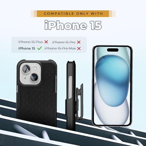 MOTIVE for iPhone 15 Case with Belt Clip, Rigid, Kickstand | 6.1" | Ranger v1 Series, Black, 360° holster, open-top/open-bottom port access, textured grip, slim - size: iPhone 15