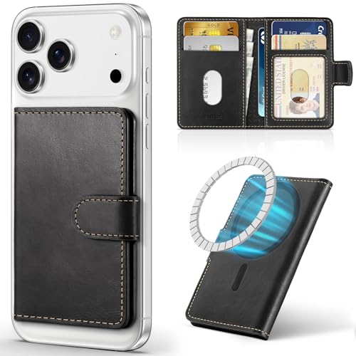 SHIELDON Genuine Leather for Magsafe Wallet, Retro Black | Strong Magnetic, Card Holder, Rfid Blocking, 6 Card Slots, ID Window, for iPhone 17/16/15/14/13/12 Series & Magnet Case - color: Black - Retro
