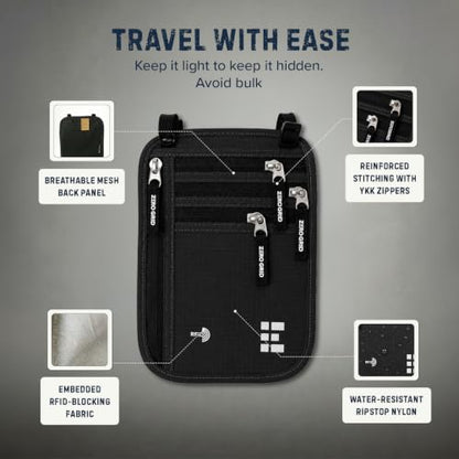 Zero Grid RFID Travel Neck Wallet, Extra Large Passport Holder, Black - color: Black, size: Family