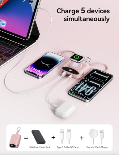 Portable Charger 10000mAh 22.5W Power Bank Built-in 2 Cables Keychain | Charge 5 Devices, TSA approved, Travel Fast Charging Battery Pack for iPhone Samsung Google Android & iWatch Charger, Pink - color: Pink