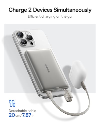 Baseus Picogo Qi2 15W Magsafe Portable Charger, 0.5" Ultra Slim 10000mAh Wireless Power Bank with 27W Built-in USB-C Cable, Magnetic Battery Pack for iPhone 17 Pro Max/17 Pro/Air/16/15/14/13/12 | 10000mAh Wireless Power Bank, 27W Fast Charging Magnetic Ba