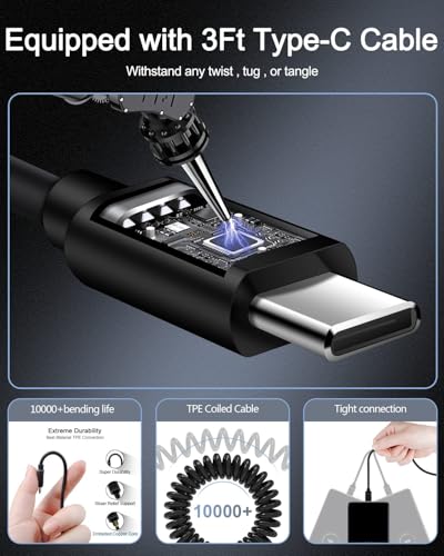 iPhone 18 17e USBC Car Charger with Built-in 3ft Coiled Cable Fast Charging - color: Black Coiled Charger