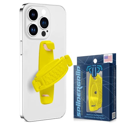 SpiiderGriip 360 Rotating Phone Grip – Flat-Fold Kickstand & Secure Strap – Works with iPhone, Android, Tablets & Cases – Comfortable & Durable (Yellow) - color: Yellow