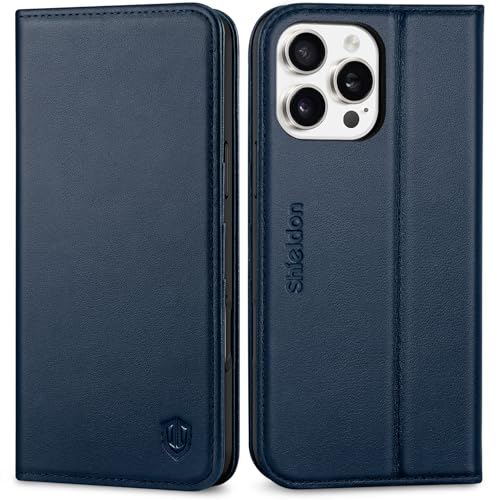 SHIELDON Genuine Leather Case Wallet for iPhone 16 Pro Max 6.9", Navy Blue | Magnetic Closure, RFID Blocking, Credit Card Slot, Viewing Stand, Foldable Design, Shockproof TPU Phone Cover - color: Navy Blue