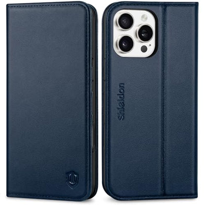 SHIELDON Genuine Leather Case Wallet for iPhone 16 Pro Max 6.9", Navy Blue | Magnetic Closure, RFID Blocking, Credit Card Slot, Viewing Stand, Foldable Design, Shockproof TPU Phone Cover - color: Navy Blue