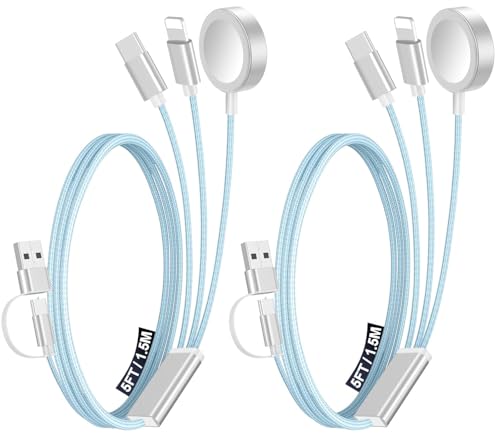 2Pack Travel Essentials for Apple Watch Charger,3-in-2 Multi Charging Cable - color: Blue, size: 2Pack-5 FT