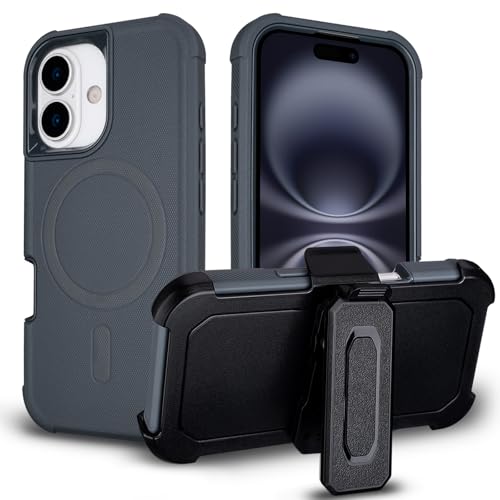for iPhone 16 Case with Belt Clip, Compatible with Magsafe, Gray | Anti-Drop, Anti-Fingerprint, 3 in 1 Heavy Duty Shockproof Protection for iPhone 16 Case Rugged with Kickstand - color: Gray