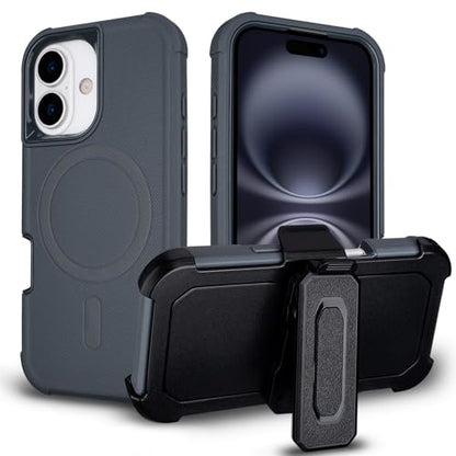 for iPhone 16 Case with Belt Clip, Compatible with Magsafe, Gray | Anti-Drop, Anti-Fingerprint, 3 in 1 Heavy Duty Shockproof Protection for iPhone 16 Case Rugged with Kickstand - color: Gray