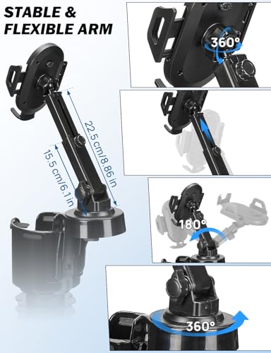 JOYTUTUS Cup Holder Phone Mount for Car, Car Cellphone Large Adapter Long Arm with 360 Degree Rotation, Compatible with iPhone, Samsung & All Smartphones,Black,1 Pack - color: black