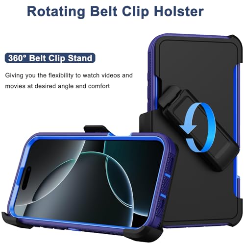 for iPhone 16 Pro Max Phone Case,Military Grade Drop Protection Cell Phone Cover with Belt Clip Holster Stand,Screen Protector x2 Rugged Kickstand for iPhone 16 Pro Max Case 6.9” (Blue) - color: Blue