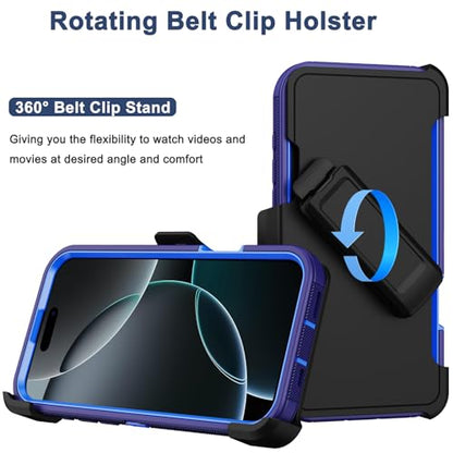 for iPhone 16 Pro Max Phone Case,Military Grade Drop Protection Cell Phone Cover with Belt Clip Holster Stand,Screen Protector x2 Rugged Kickstand for iPhone 16 Pro Max Case 6.9” (Blue) - color: Blue