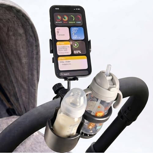 Universal 3-in-1 Stroller Cup Holder with 360° Rotatable Phone Mount, Detachable Dual Drink Holder for Bicycle, Motorcycle, Wheelchair, Walker, and Scooter, Fits Large Tumblers & Baby Bottles