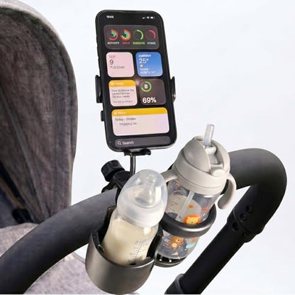 Universal 3-in-1 Stroller Cup Holder with 360° Rotatable Phone Mount, Detachable Dual Drink Holder for Bicycle, Motorcycle, Wheelchair, Walker, and Scooter, Fits Large Tumblers & Baby Bottles