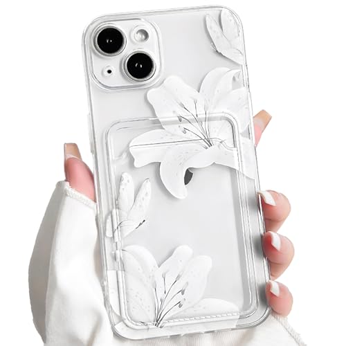 NITITOP Compatible with iPhone 13 Case with Card Holder Clear Cute Floral Lily Flowers Butterfly for Women Girls Soft TPU Shockproof Wallet Case Protective Phone Cover - White - color: White, size: iPhone 13