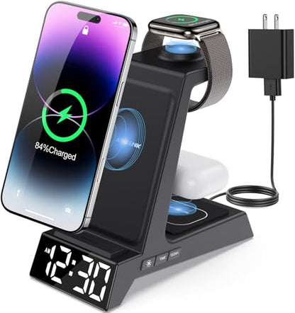 ANJANK 4 in 1 Wireless Charging Station Alarm Clock, Charging Dock for Apple Devices, Charger Stand for iPhone 18 Duo 17 Air 16 15 14 Series for Apple Watch 12 11 10 9 8 7 UItra/SE & AirPods, Dimmable - color: Black