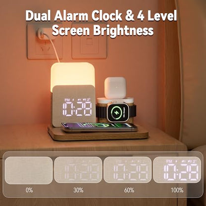 7 in 1 Clock with Charging Station, Charger with Alarm Clock Night Light - color: Wood