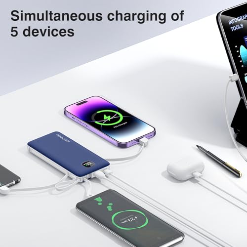 Portable Charger 10000mAh 22.5W Power Bank,Built-in 3 Cables & AC Wall Plug - color: Navy