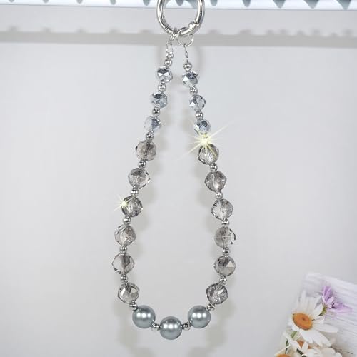 Sparkle Crystal Pearl Phone Wrist Strap for Women, Sparkling Beaded Cellphone Lanyard Chain - color: Crystal Gray