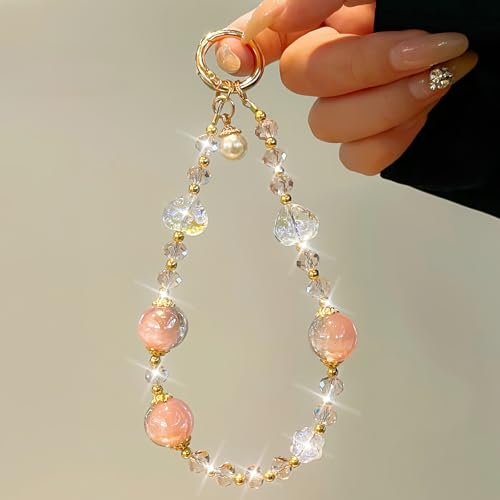 Sparkling Pink Phone Charm, Beaded Phone Wrist Strap for Women - color: Pink Crystal