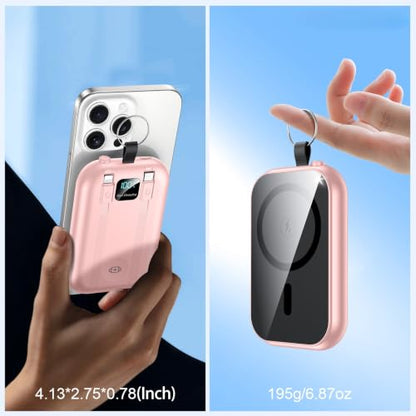 Magnetic Portable Charger 10000mAh Wireless Power Bank with Built-in Cables - color: pink