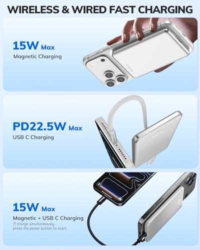 Hichain Magnetic Portable Charger, Wireless Power Bank 5000mAh Magnetic Charger for iPhone 17-12 Series, Magnetic Battery Pack Safe Wireless Charging, with 60W USB-C Charging - Silver - color: Silver