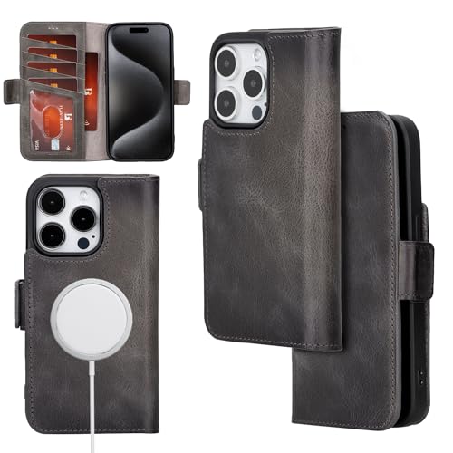 Bayelon Leather Wallet Case for iPhone 15 Pro - Flip Cover Card Holder, iPhone 15 Pro Wallet Case, Folio Case, Kickstand, MagSafe Compatible Wallet RFID Blocking (Smoked Black) - color: Smoked Black, size: iPhone 15 Pro