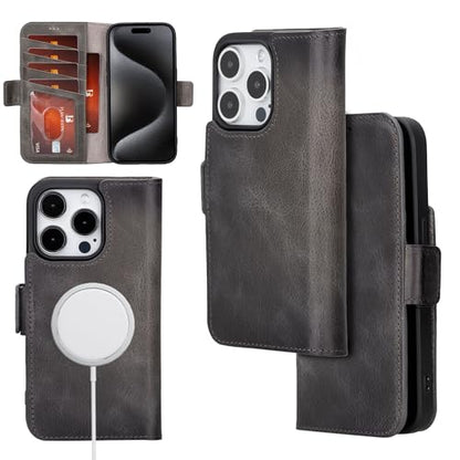 Bayelon Leather Wallet Case for iPhone 15 Pro Max - Flip Cover Card Holder, Folio Case, Kickstand, MagSafe Compatible Wallet RFID Blocking (Smoked Black) - color: Smoked Black, size: iPhone 15 Pro Max