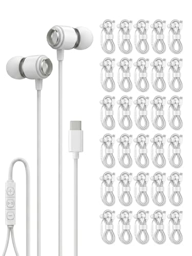 Halo 30-Pack USB C Wired Earbuds with Mic, Type C in-Ear Headphones with Volume Control, Bulk Headphones Compatible with iPhone 17 16 15 Pro Max, iPad, Galaxy S26 S25 S24 S23, Pixel - White - size: 30 Pack