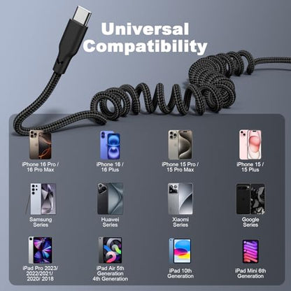 Coiled USB A to USB C Car Charger Cable, 2-Pack 3Ft Braided, Black - color: Black