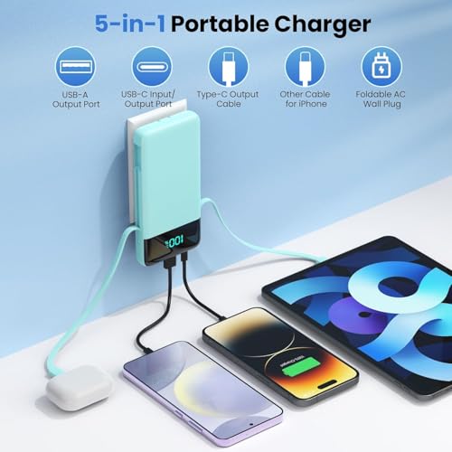 Portable Charger with Built-in AC Plug and Cables,13800mAh All in One USB C Fast Charging Power Bank,Travel Essentials Portable Phone Charger Battery Pack for iPhone 17/16/15/13,Galaxy,Android-Green - color: Green