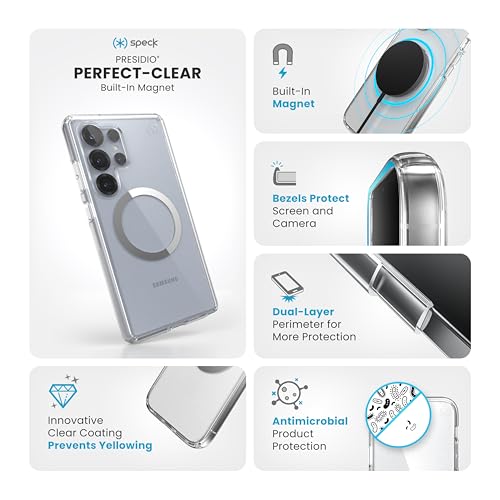 Speck Samsung Galaxy S25 Ultra Case - Magnet Case,13-Foot Drop Protection,Anti-Yellowing-Samsung S25 Ultra Case Magsafe-Raised Bezel & Enhanced Buttons -Presidio Perfect-Clear -Clear/Chrome(Pack of 1)