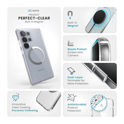 Speck Samsung Galaxy S25 Ultra Case - Magnet Case,13-Foot Drop Protection,Anti-Yellowing-Samsung S25 Ultra Case Magsafe-Raised Bezel & Enhanced Buttons -Presidio Perfect-Clear -Clear/Chrome(Pack of 1)