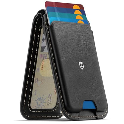 SHIELDON Genuine Leather Magnetic Wallet Stand for MagSafe, Retro Black | Strong Magnetic, Card Holder, Kickstand, Angle Adjustment, Rfid Blocking, for iPhone 17/16/15/14/13/12 Series & Magnet Case - color: Retro Black