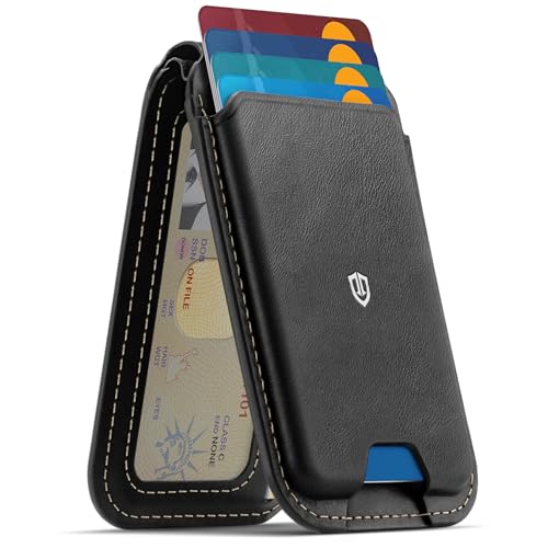 SHIELDON Genuine Leather Magnetic Wallet Stand for MagSafe, Retro Black | Strong Magnetic, Card Holder, Kickstand, Angle Adjustment, Rfid Blocking, for iPhone 17/16/15/14/13/12 Series & Magnet Case - color: Retro Black