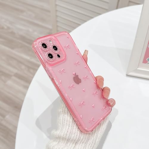 NITITOP Compatible with iPhone 13 Pro Max Case Cute Clear Pink Glitter Bow Knot Design Shiny Star Sparkle Bling Diamond Girls Women Soft TPU Shockproof Protective Phone Cover - Little Bow Heart - color: Little Bow Heart, size: iPhone 13 Pro Max