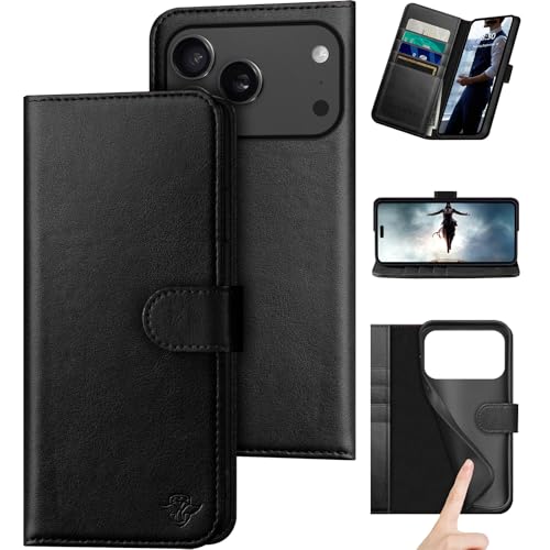 DuckSky Compatible with iPhone 17 Pro Max 6.9" Genuine Leather Wallet case【RFID Blocking】【4 Credit Card Holder】【Real Leather】 Flip Phone case Cover Women Men for Apple 17 Pro Max case Black - color: Black