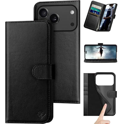 DuckSky Compatible with iPhone 17 Pro Max 6.9" Genuine Leather Wallet case【RFID Blocking】【4 Credit Card Holder】【Real Leather】 Flip Phone case Cover Women Men for Apple 17 Pro Max case Black - color: Black