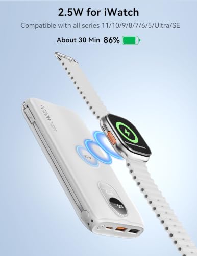 Portable Charger 10000mAh 20W, Wall Plug, 2 Cables, iWatch Charging - color: Auroral White