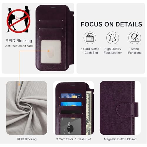 VANAVAGY Wallet Case for iPhone 11 6.1 inch, Purple | 12ft Drop-proof Cover for Women Men, Silm PU Leather, RFID Blocking Card Holder, Wrist Strap, Screen Protector - color: Purple