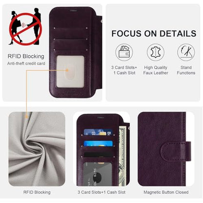 VANAVAGY Wallet Case for iPhone 11 6.1 inch, Purple | 12ft Drop-proof Cover for Women Men, Silm PU Leather, RFID Blocking Card Holder, Wrist Strap, Screen Protector - color: Purple