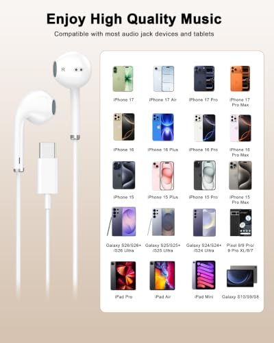 [Apple MFi Certified] USB C Headphones Wired for iPhone 17 16 15,Galaxy S26 - color: Silver+White