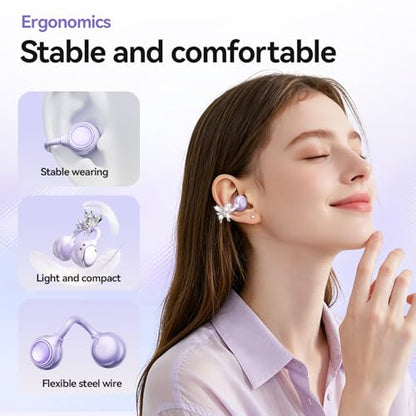 Open Ear Wireless Earbuds for Women with Makeup Mirror Charging Case, Clip-on Bluetooth 6.0 Headphones with Spatial Audio, Includes Flower & Butterfly Earrings, Long Battery Life (Purple) - color: Purple