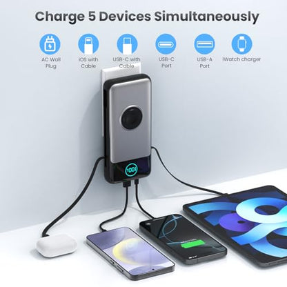 Portable Charger for iPhone with Built-in Cables and AC Wall Plug,26800mah Fast Charging USB C Power Bank,25W PD Travel Essential Battery Pack for iPhone 17/16/15/14/13,Galaxy,Apple Watch (Black) - color: Black