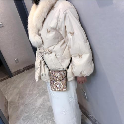 Women's Mobile Phone Bag, Cellphone Pouch, Retro Beads Shoulder Bag, Handcrafted Embellished Clutch Purse, Beaded Design - color: 14a