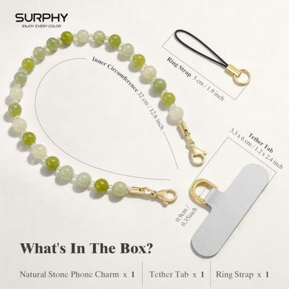 SURPHY Natural Stone Phone Charm, Beaded Phone Wrist Strap with Tether Tab - color: Serpentine Jade