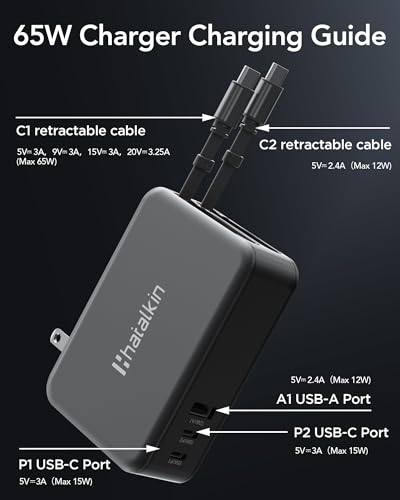 65W for MacBook Pro Charger,5-in-1 Retractable Wall Charger Plug for iPhone - color: Black