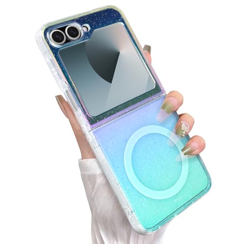 Glitter Case for Samsung Galaxy Z Flip 6 & 5, Iridescent Colors | Compatible with Magsafe, Cute Aesthetic Gradient Girly Sparkly Bling Rainbow Magnetic Phone Cover for Women Girls - color: Iridescent Glitter, size: Samsung Galaxy Z Flip 6 / 5
