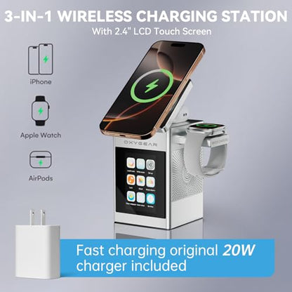 7-in-1 Magnetic Wireless Charging Station with Bluetooth Speaker & 2.4" Touchscreen, 15W Fast Charging Dock for iPhone 18-12 Series, iWatch & AirPods, Alarm Clock, White Noise for Desk, 20W Adapter - color: Silver-S5