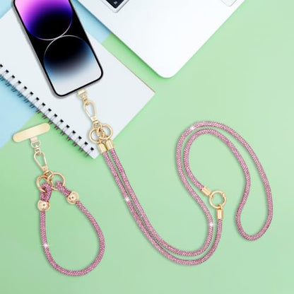 Crystal Phone Strap Crossbody and Wrist Lanyard, Anti Theft Layered & Wrist Strap Cell Phone Neck for Women - color: Pink Crystal